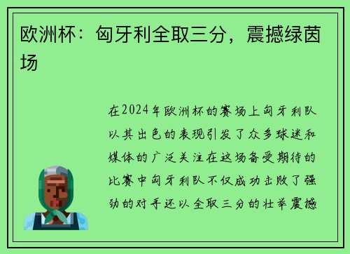 欧洲杯：匈牙利全取三分，震撼绿茵场